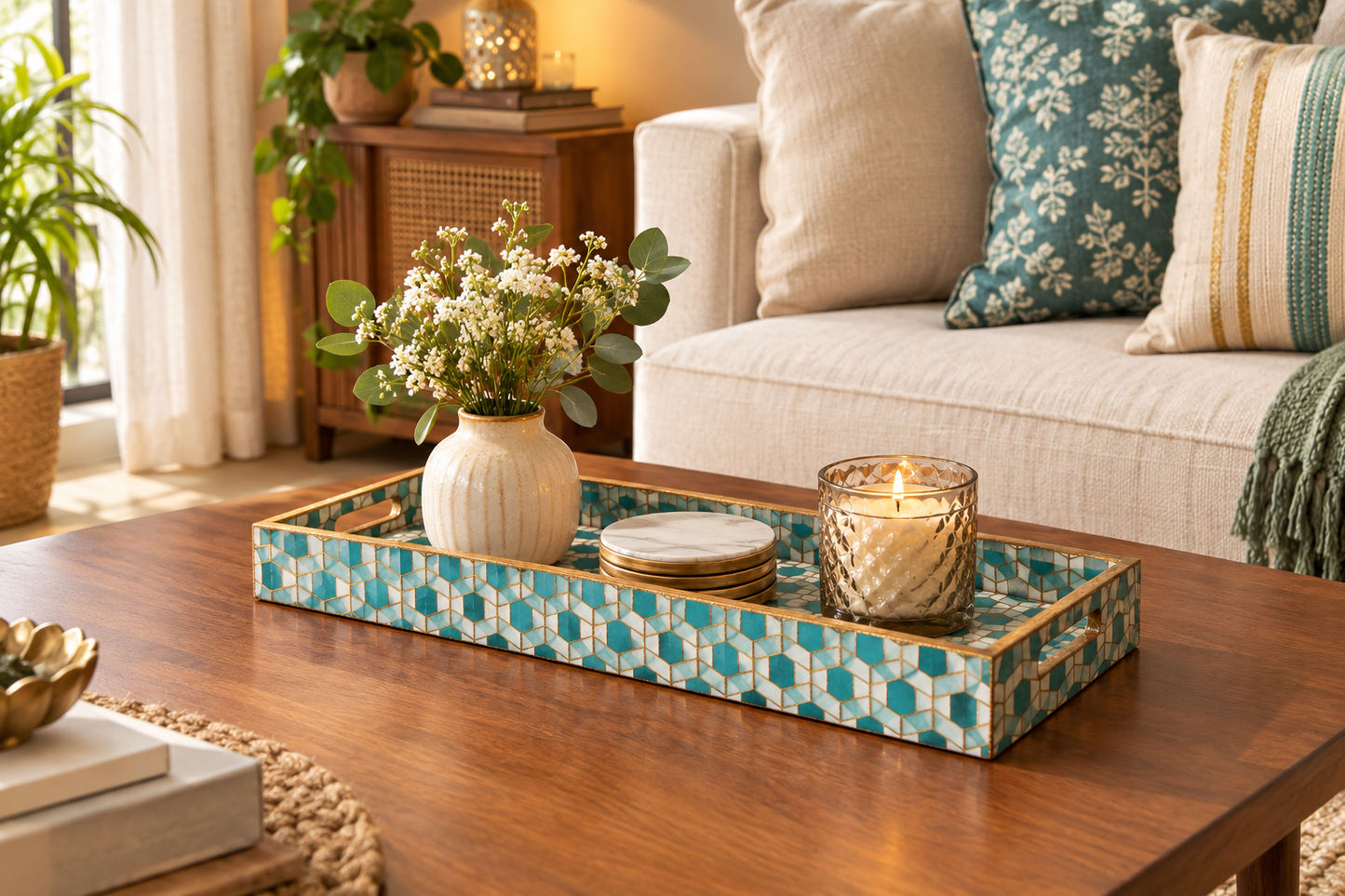 Teal Turkish Mosaic Gold Decorative MDF Tray | Stylish Serving & Home Décor Tray 