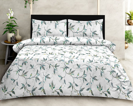 Luxury Opulence Premium Cotton Teal leaves Double Bedsheet Queen