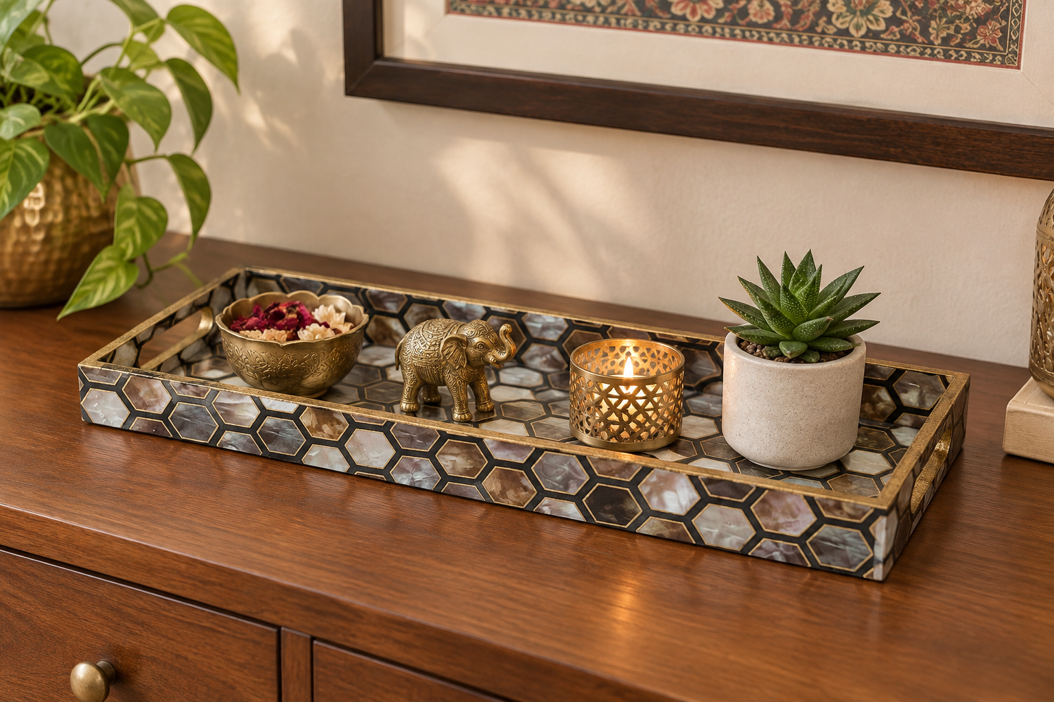 Turkish Mosaic Gold Decorative MDF Tray | Stylish Serving & Home Décor Tray