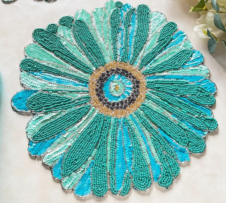 Designer Turquoise Blue Handcrafted Floral Round Beaded Glass Placemat Table Mat