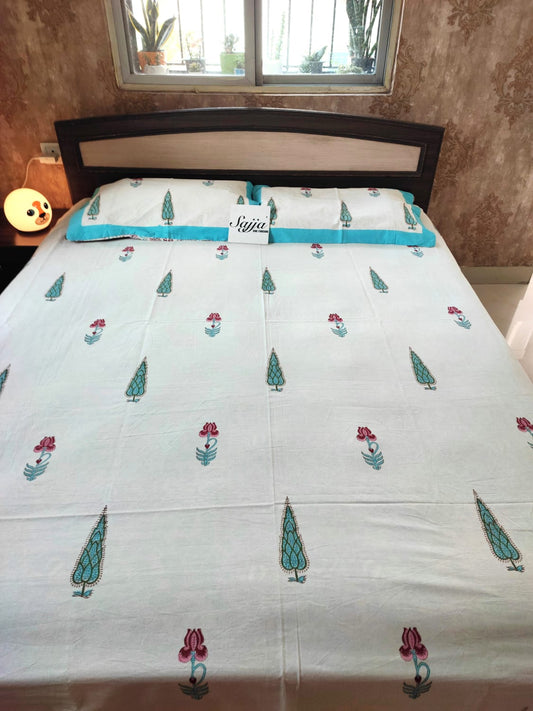 Sajja Hand Block Printed Bedsheet | Pure Cotton | Double Bed Queen Size 90"x108" | 210 TC Bedsheets | Includes 2 Pillow Covers 