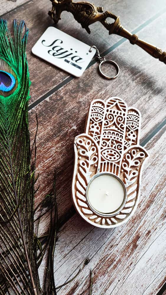 Wooden Tea Light Holder Hamsa Hand | Handcrafted Diya | 1 piece