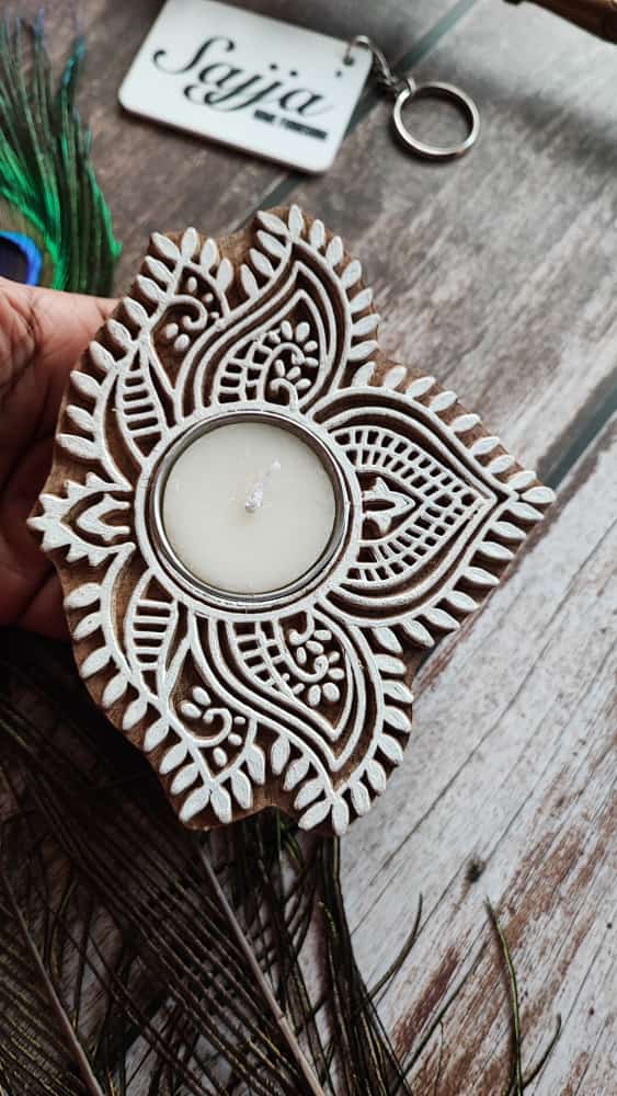 Wooden Engraved  Tea Light Holder Tea Light Holder | Handcrafted Diya | 1 piece | Indian Festival Diya
