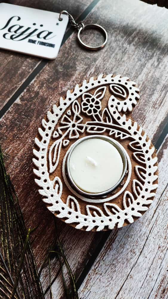 Wooden Hand Block Engraved Paisley Tea light Holder | Handcrafted Diya | 1 piece | Indian Diya