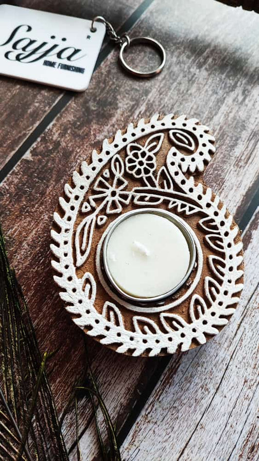 Wooden Hand Block Engraved Paisley Tea light Holder | Handcrafted Diya | 1 piece | Indian Festival Diya