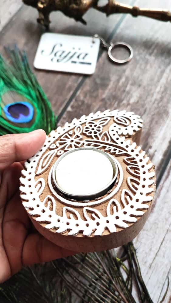 Wooden Hand Block Engraved Paisley Tea light Holder | Handcrafted Diya | 1 piece | Indian Diya