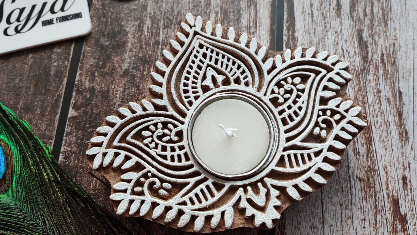 Wooden Engraved Tea Light Holder | Handcrafted Diya | 1 piece | Indian Festival Diya