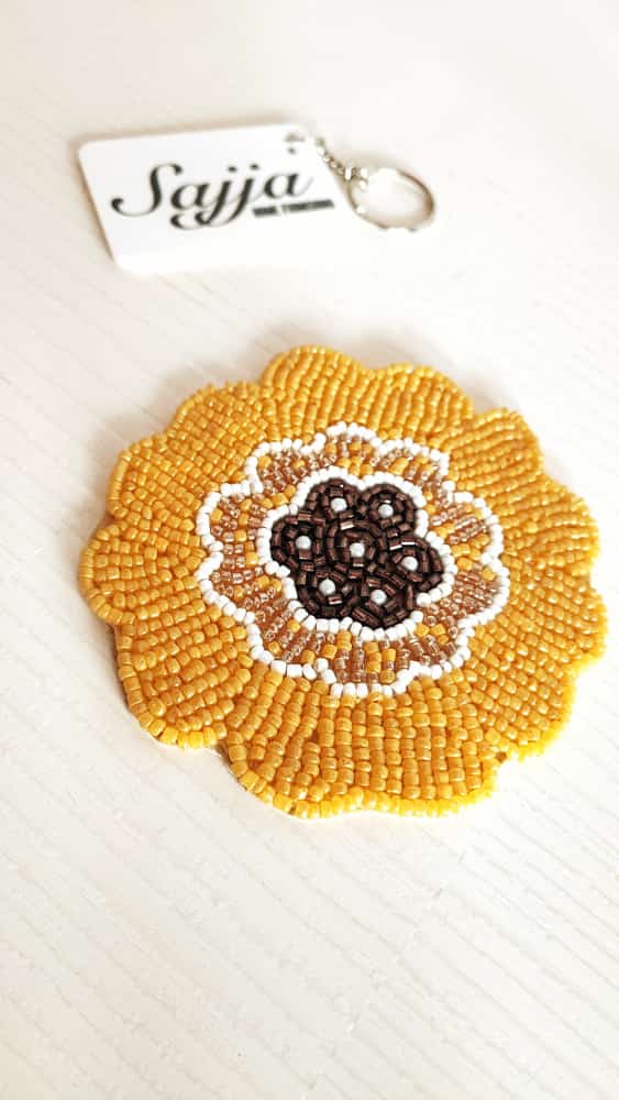 Decorative Handmade Chrome Yellow Round Floral Beads Coaster Doily