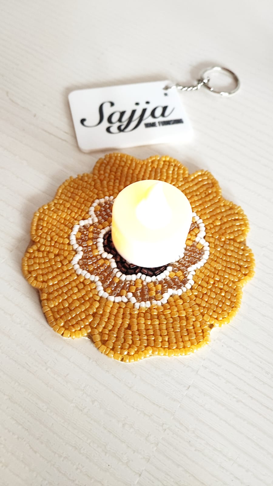 Decorative Handmade Chrome Yellow Round Floral Beads Coaster Doily