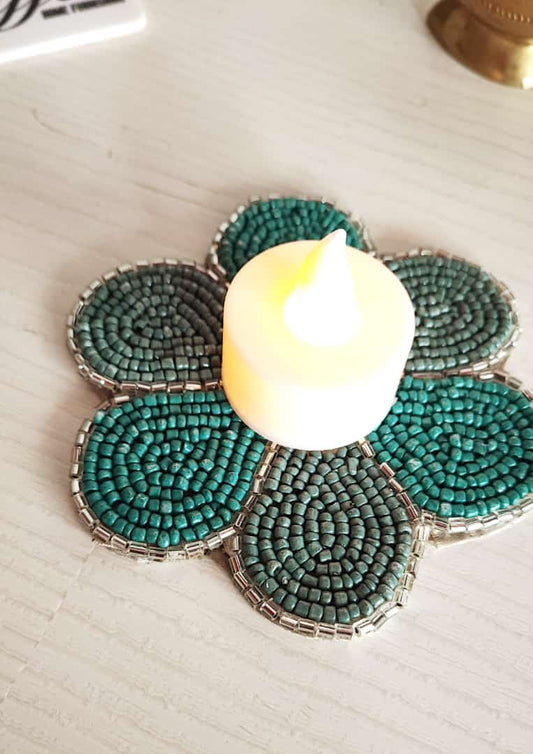 Decorative Handmade Teal Turquoise Round Floral Beads Coaster Doily