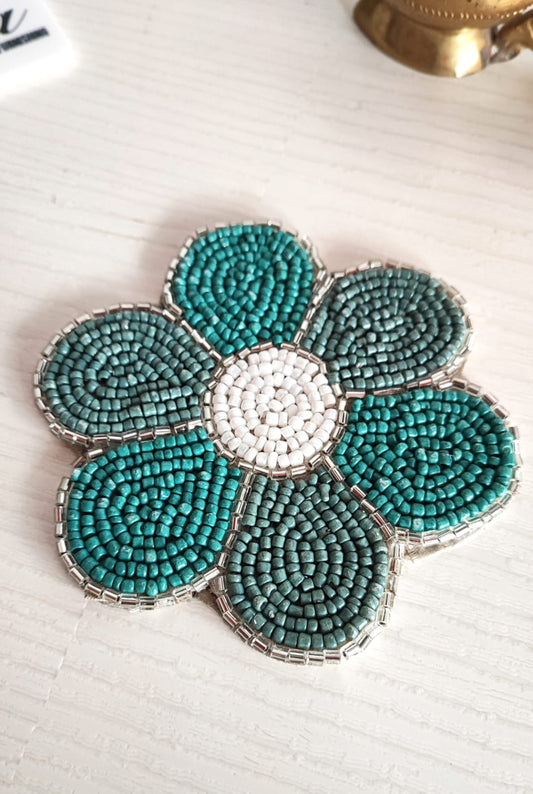 Decorative Handmade Teal Turquoise Round Floral Beads Coaster Doily