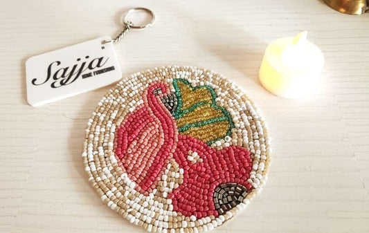 Designer Flamingo Round Handmade Beaded Coaster Doily Mat