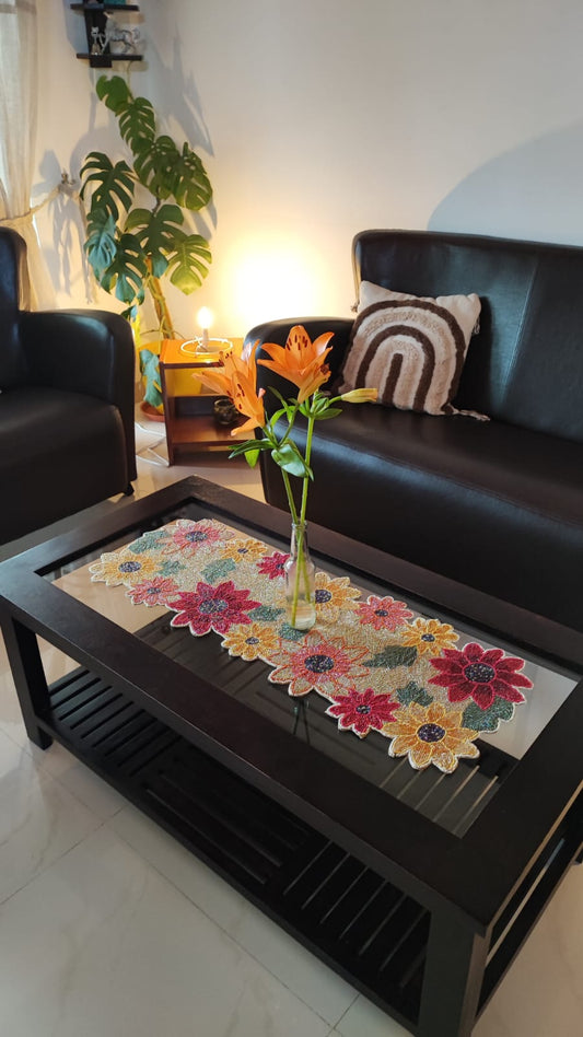 Multicolour Floral Beaded Table Runner With Golden Base