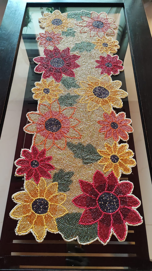 Multicolour Floral Beaded Table Runner With Golden Base