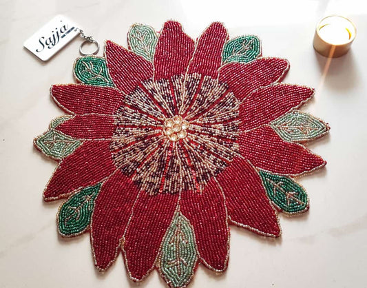 Pretty Poinsettia Rich Red Maroonish Floral Beads Table Placemat Mat