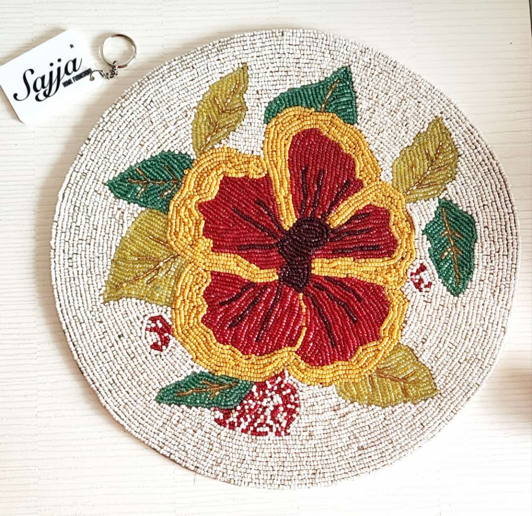 Handmade Beads Hibiscus Floral Round Tablemat