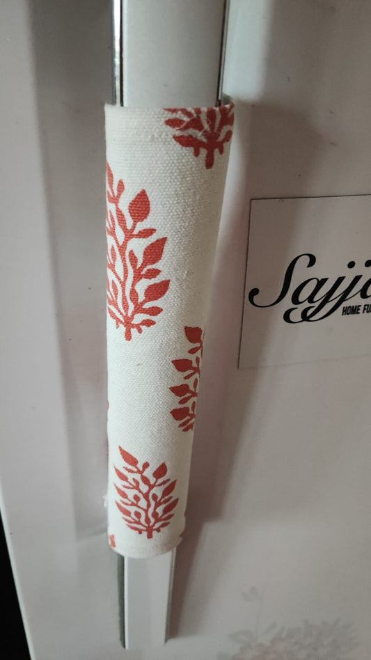 Hand Block Cotton Orange Floral Fridge Handle Covers (Pair)
