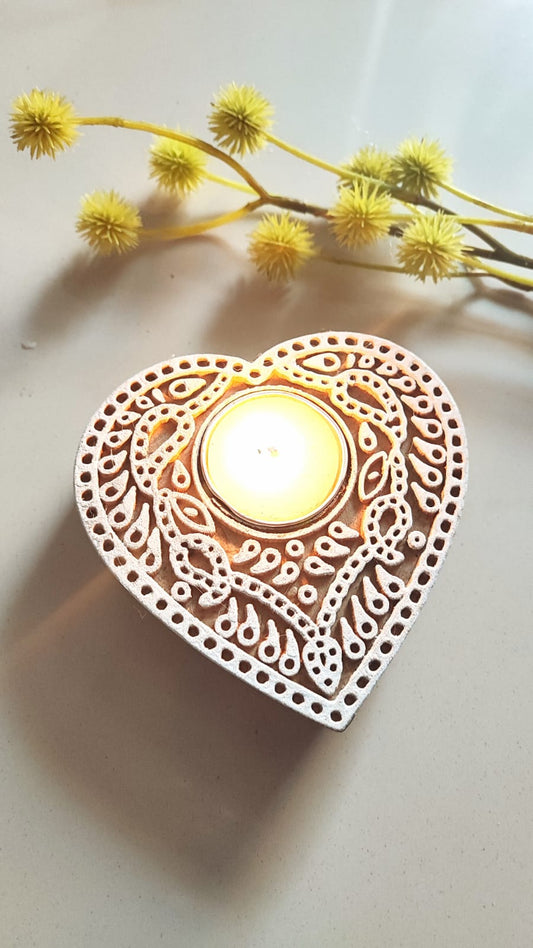 Heart Handcarved Mango Polished Wood Diya Tealight Candle Holder  | Handcrafted Diya | 1 piece | Indian Festival Diya