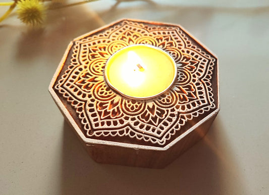 Round Handcarved Pure Sheesham Wood Diya Tealight Candle Holder  | Handcrafted Diya | 1 piece | Indian Festival Diya