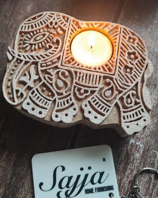 Rajwada Elephant Handcarved Pure Wood Diya Tealight Candle Holder  | Handcrafted Diya | 1 piece | Indian Festival Diya