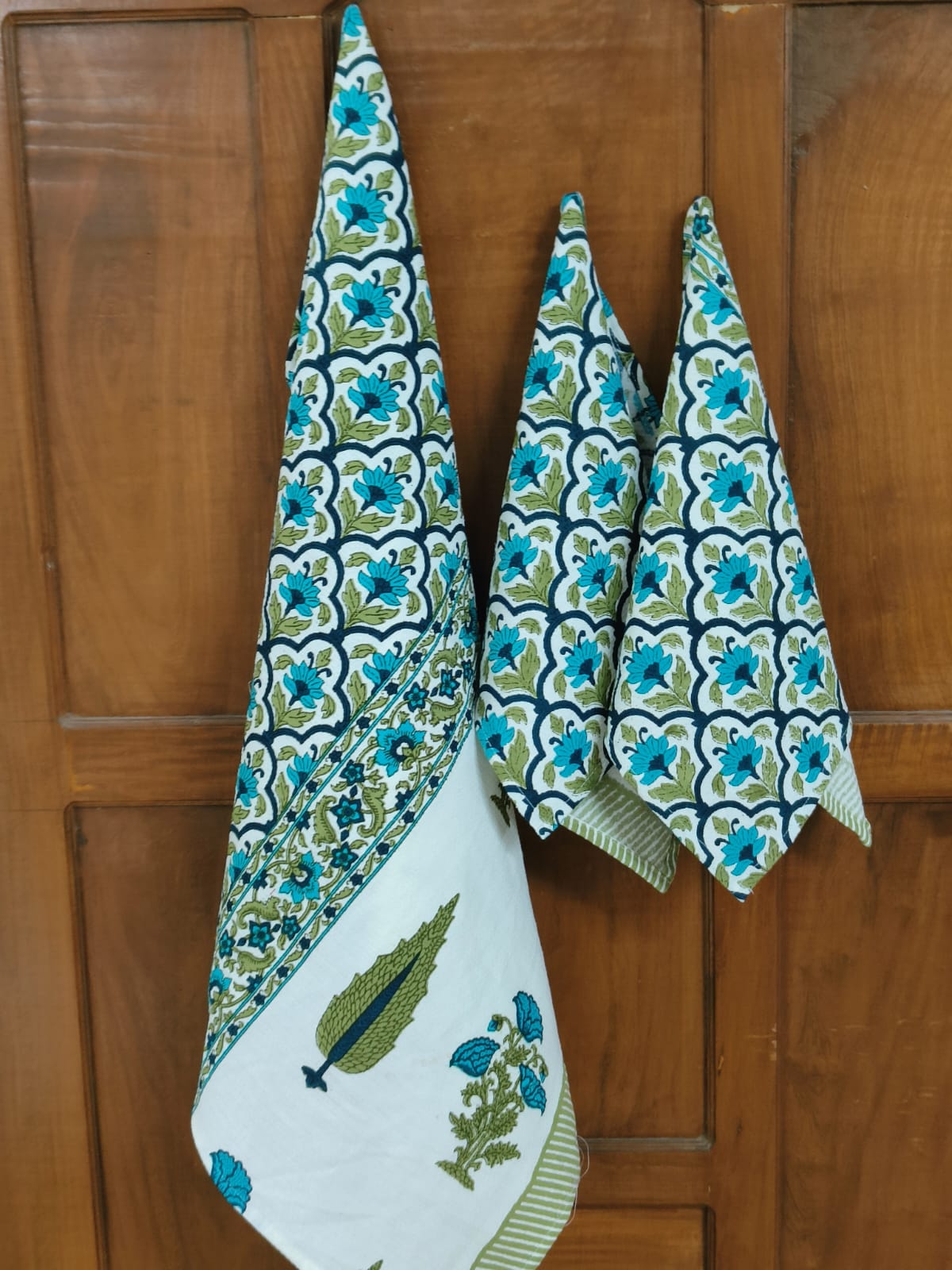 Blue Green Begonia Block print Bath n Hand Waffle Towel Combo Of Three