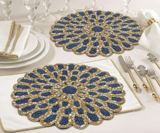 Handmade Royal Blue Round Beaded Table Placemat For Home Décor