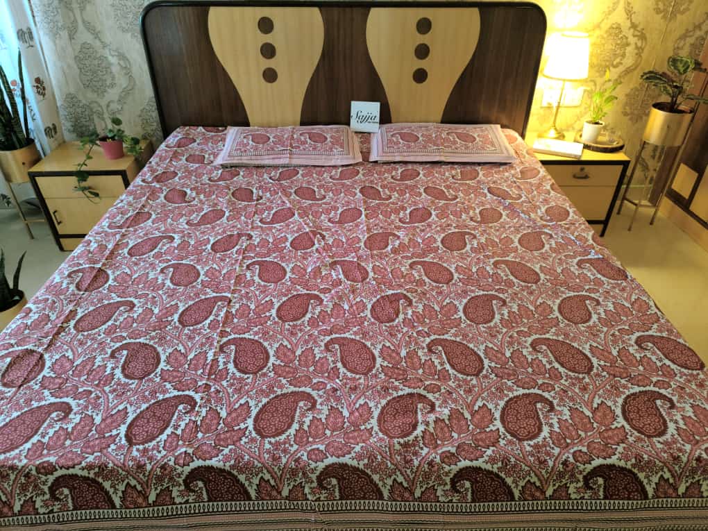 Buy Vintage Hand block Pink Paisley Pure Cotton Super King Double Bedsheet 108 inches x 108 inches