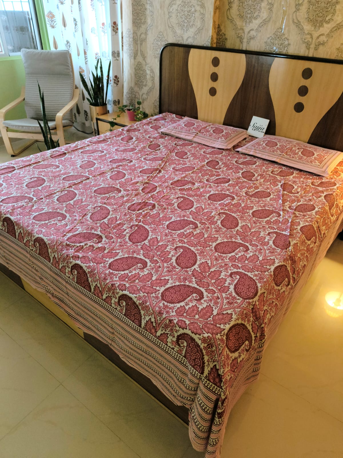 Buy Vintage Hand block Pink Paisley Pure Cotton Super King Double Bedsheet 108 inches x 108 inches