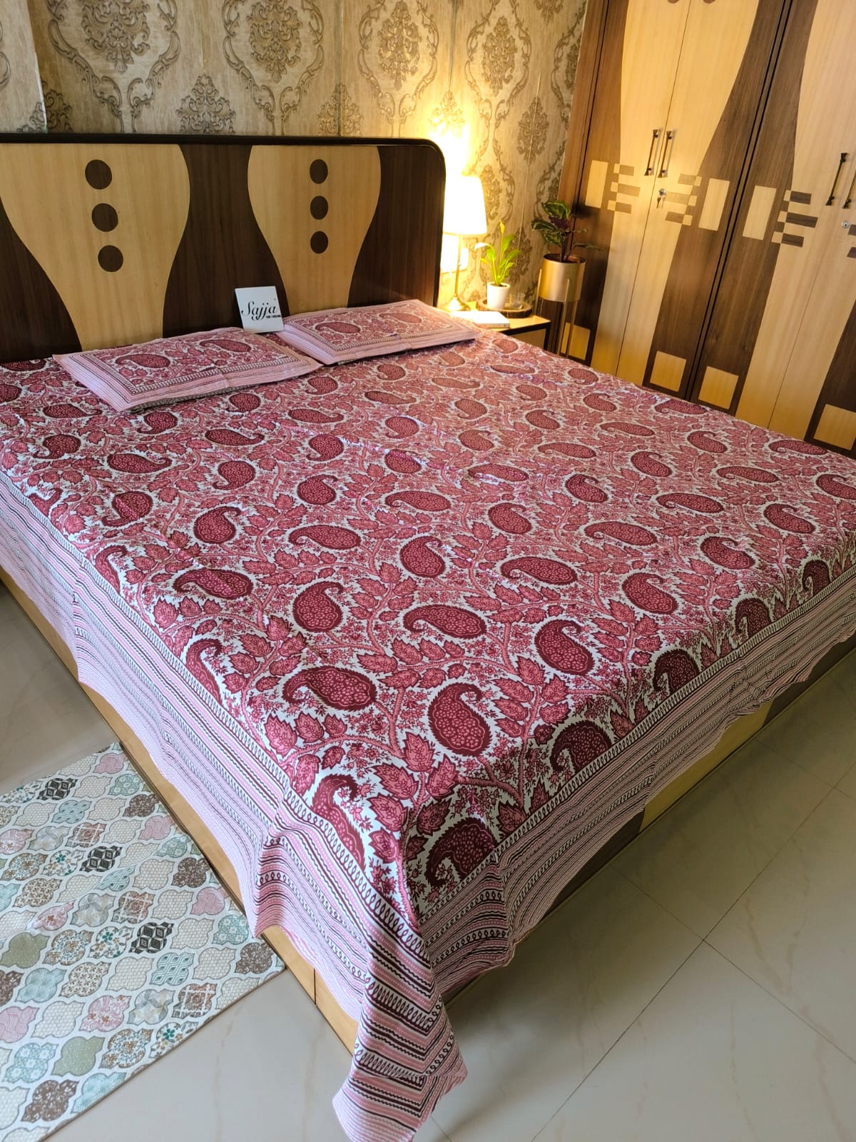 Buy Vintage Hand block Pink Paisley Pure Cotton Super King Double Bedsheet 108 inches x 108 inches