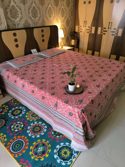 Buy Cotton Hand block Phulkari Kusum Pink Red Butta Double Bedsheet King 9 feet x 9 feet