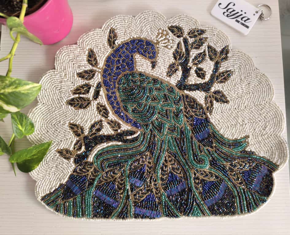 Designer Royal Peacock Gold Green Blue Beads Placemat Table Mat