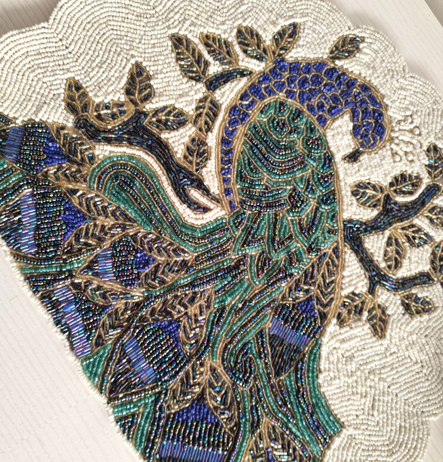 Designer Royal Peacock Gold Green Blue Beads Placemat Table Mat