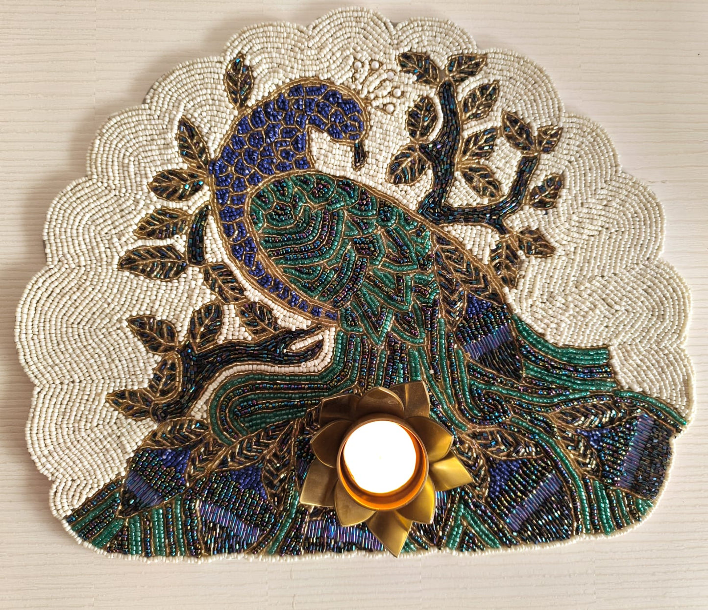 Designer Royal Peacock Gold Green Blue Beads Placemat Table Mat