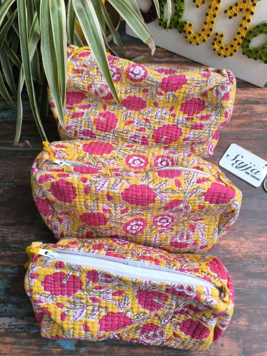 Hand Block Printed Cotton Quilted Floral Toiletry Bag 3 Piece Combo Set Waterproof Traveller Cosmetic Bags Travel Toiletry Kit