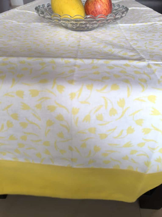 Buy Yellow White Shrubbery Cotton Table Cloth -6 Seater Table Cover 60 IN x 90 IN