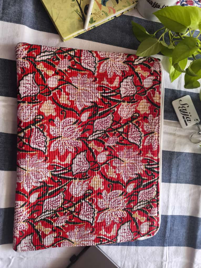 Red White Floral Floral Hand Block printed Laptop Sleeve | Sajja