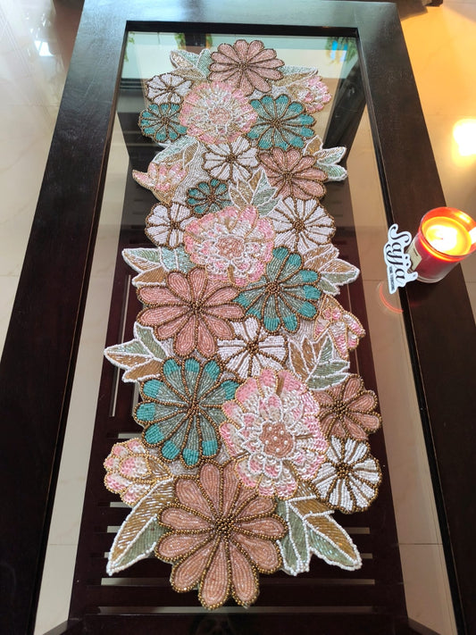 Multicolor Handcraft Pastel Glass Handwoven Beads Table Runner Floral