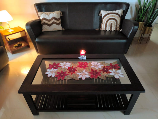 Rich Wine Red Poinsettia Floral Handwoven Beads Table Runner 