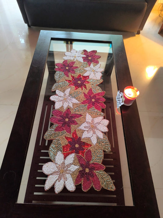 Rich Wine Red Poinsettia Floral Handwoven Beads Table Runner 