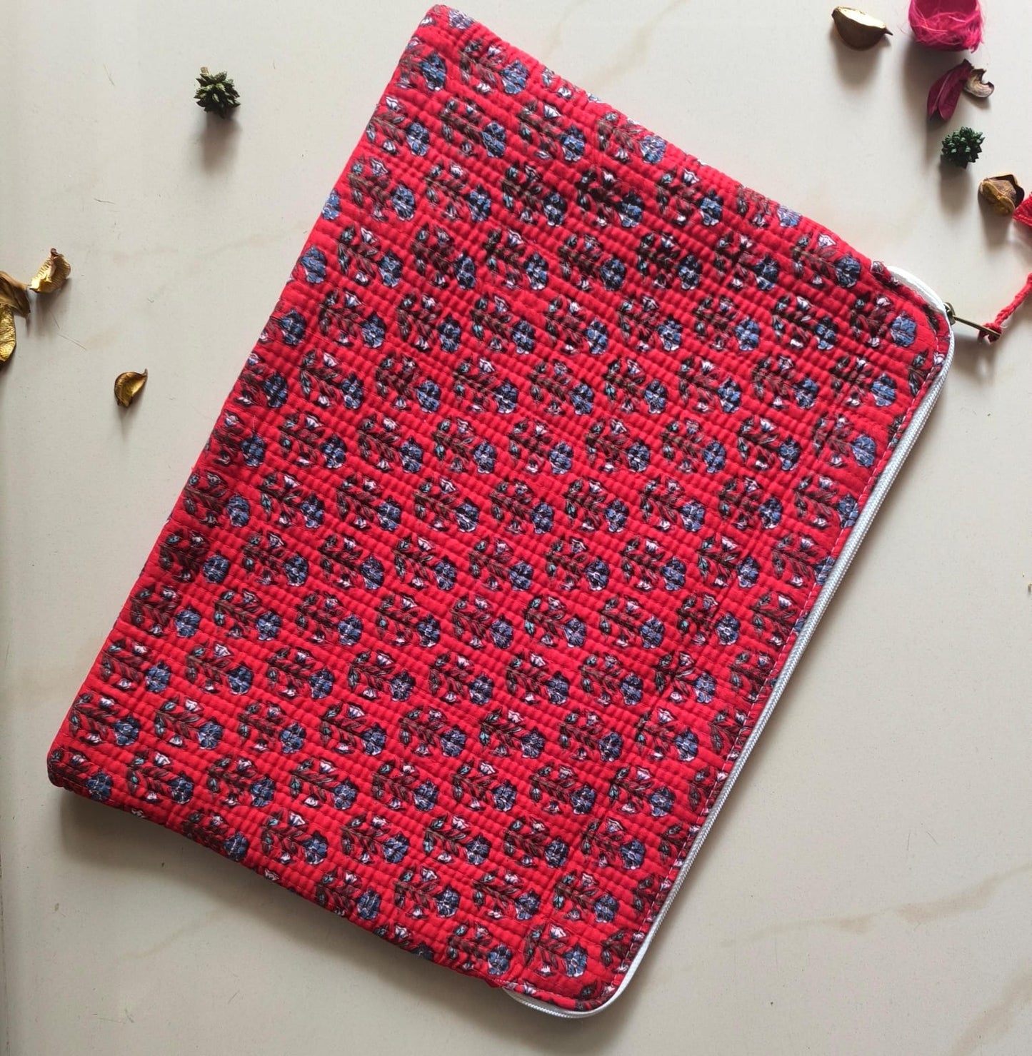 Gorgeous Red Floral Hand Block Cotton Quilted Laptop Sleeve | Laptop Protector