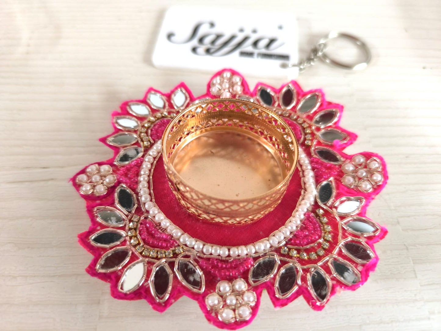 Rani Pink Zardosi Beads Mirror Work Tealight Holder | Diwali Decoration Diya