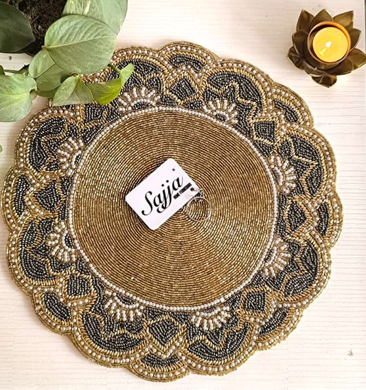 Jashn-ek-Shyam Zardozi Embroidered Gold Beads Pearls Round Table Mat Placemat For Home Decor