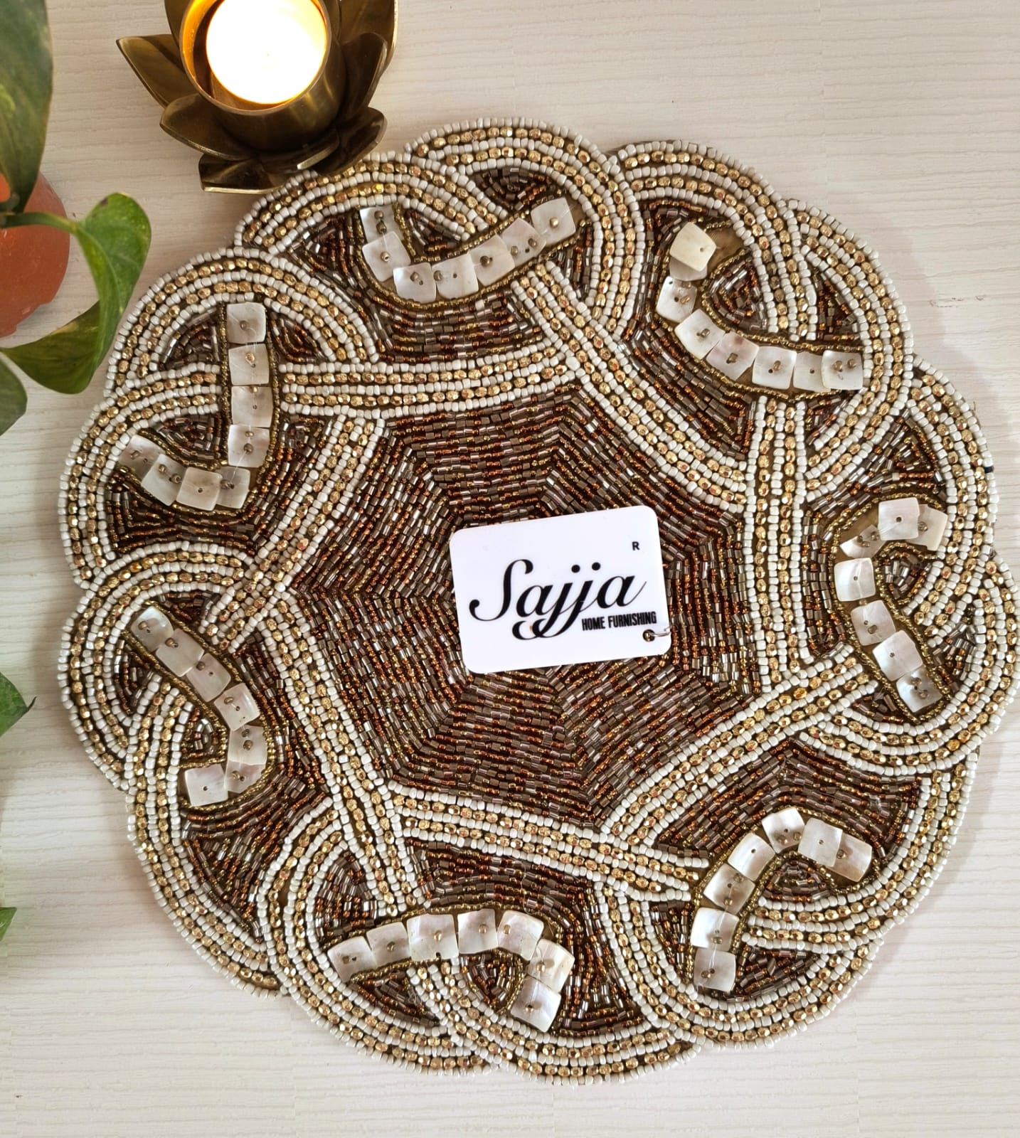 Royal Antique Jashn-ne-Bahara Vintage Gold Cream Round Hand Beads Placemat