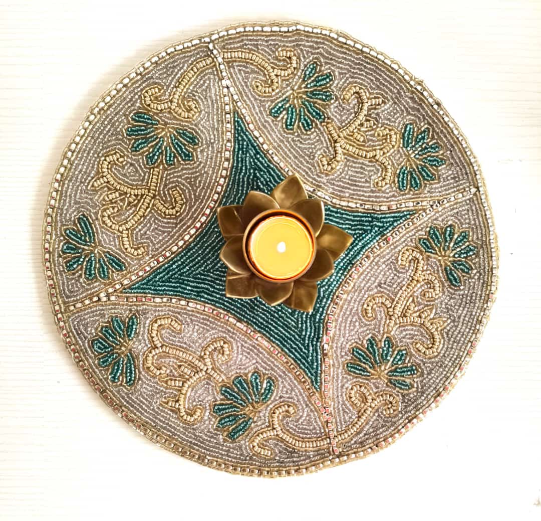 Buy Online Designer Teal Embroidered Glass n Beads  Placemat Table Mat