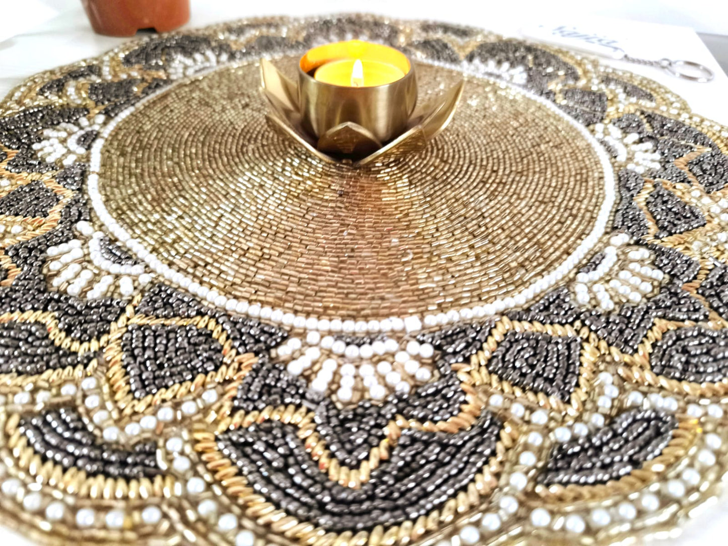 Jashn-ek-Shyam Zardozi Embroidered Gold Beads Pearls Round Table Mat Placemat For Home Decor