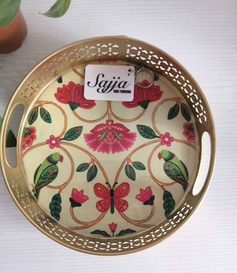 Big Round Floral Parrot Decorative Tray (10 x 10 inches)