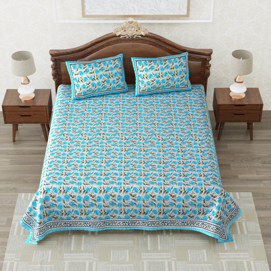 Hand block Printed 100% Cotton Floral Double Bedsheet Blue Ash 93 x108 inches