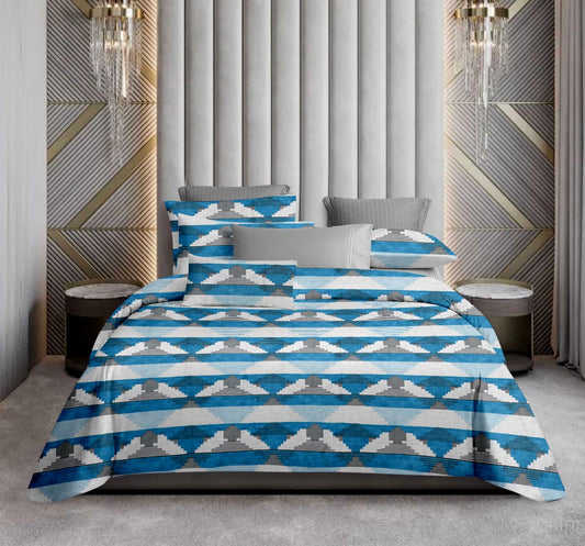 Designer Opulence King Bedsheet Geometric Pattern Blue White 108 inches x 108 inches