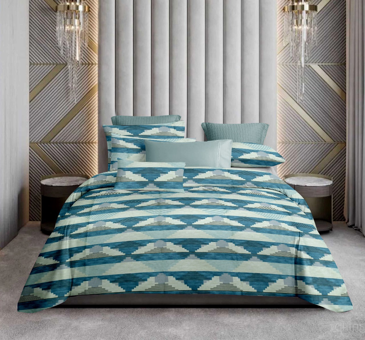 Designer Opulence King Bedsheet Geometric Pattern Teal Blue 108 inches x 108 inches