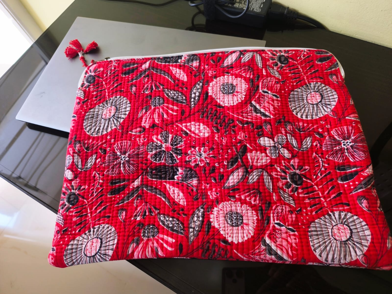 Gorgeous Red Grey Floral Hand Block Cotton Quilted Laptop Sleeve | Laptop Protector